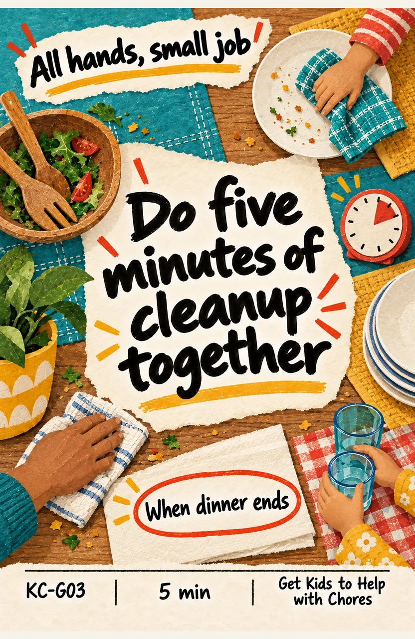 Do Five Minutes of Cleanup Together After Dinner When: you finish the evening meal