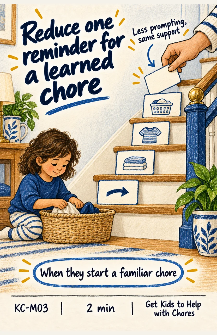 Reduce One Reminder After a Chore Is Learned When: your child starts a familiar chore