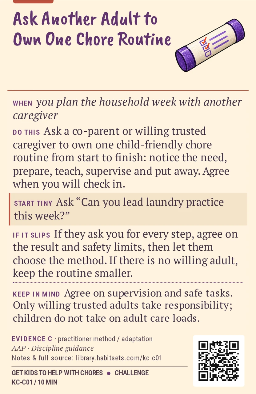 Back of card KC-C01: Ask Another Adult to Own One Chore Routine. When: you plan the household week with another caregiver Do this: Ask a co-parent or willing trusted caregiver to own one child-friendly chore routine from start to finish: notice the need, prepare, teach, supervise and put away. Agree when you will check in. Start tiny: Ask “Can you lead laundry practice this week?” Keep in mind: Agree on supervision and safe tasks. Only willing trusted adults take responsibility; children do not take on adult care loads.