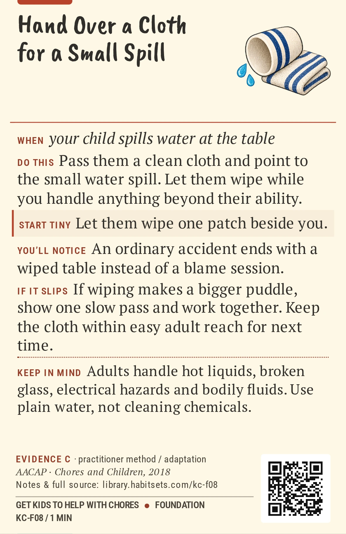 Back of card KC-F08: Hand Over a Cloth for a Small Spill. When: your child spills water at the table Do this: Pass them a clean cloth and point to the small water spill. Let them wipe while you handle anything beyond their ability. Start tiny: Let them wipe one patch beside you. Keep in mind: Adults handle hot liquids, broken glass, electrical hazards and bodily fluids. Use plain water, not cleaning chemicals.