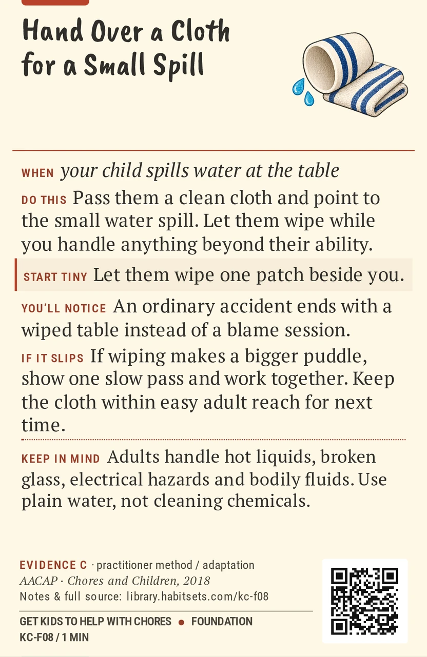 Back of card KC-F08: Hand Over a Cloth for a Small Spill. When: your child spills water at the table Do this: Pass them a clean cloth and point to the small water spill. Let them wipe while you handle anything beyond their ability. Start tiny: Let them wipe one patch beside you. Keep in mind: Adults handle hot liquids, broken glass, electrical hazards and bodily fluids. Use plain water, not cleaning chemicals.