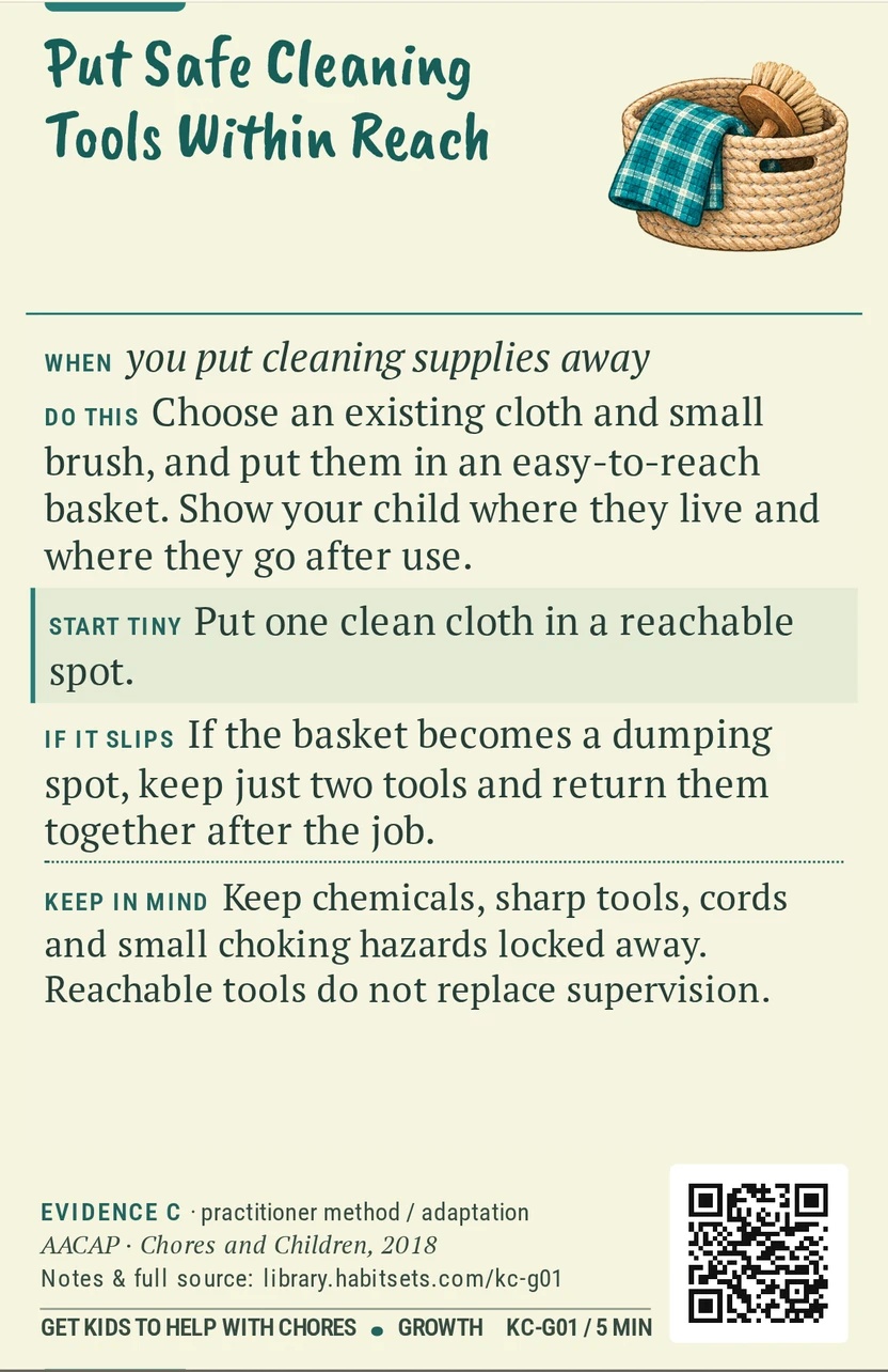 Back of card KC-G01: Put Safe Cleaning Tools Within Reach. When: you put cleaning supplies away Do this: Choose an existing cloth and small brush, and put them in an easy-to-reach basket. Show your child where they live and where they go after use. Start tiny: Put one clean cloth in a reachable spot. Keep in mind: Keep chemicals, sharp tools, cords and small choking hazards locked away. Reachable tools do not replace supervision.