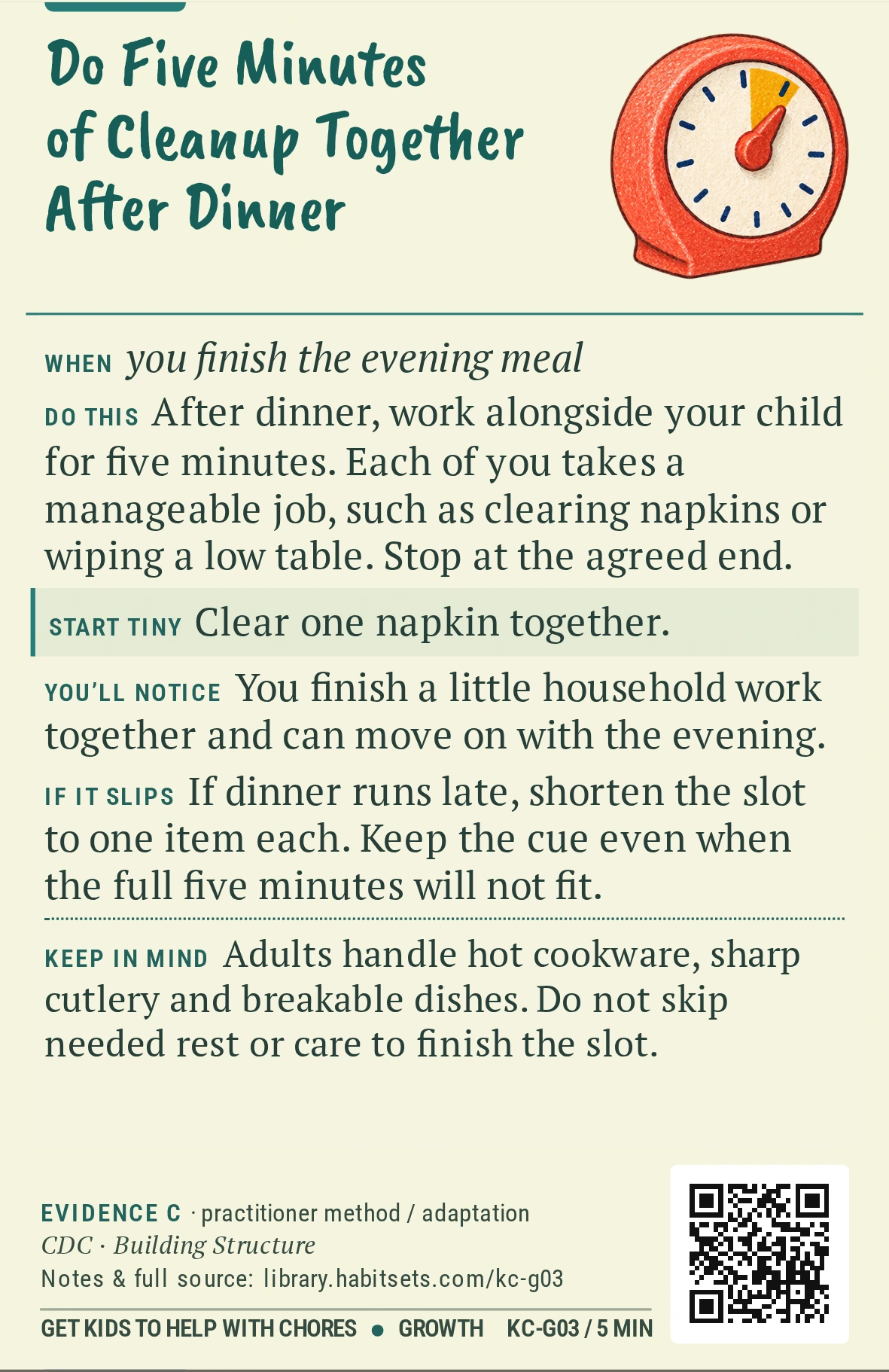 Back of card KC-G03: Do Five Minutes of Cleanup Together After Dinner. When: you finish the evening meal Do this: After dinner, work alongside your child for five minutes. Each of you takes a manageable job, such as clearing napkins or wiping a low table. Stop at the agreed end. Start tiny: Clear one napkin together. Keep in mind: Adults handle hot cookware, sharp cutlery and breakable dishes. Do not skip needed rest or care to finish the slot.