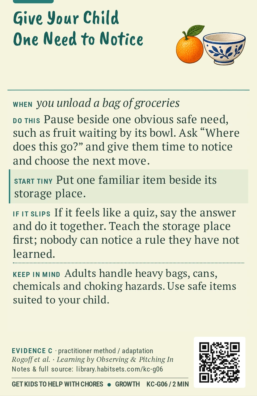 Back of card KC-G06: Give Your Child One Need to Notice. When: you unload a bag of groceries Do this: Pause beside one obvious safe need, such as fruit waiting by its bowl. Ask “Where does this go?” and give them time to notice and choose the next move. Start tiny: Put one familiar item beside its storage place. Keep in mind: Adults handle heavy bags, cans, chemicals and choking hazards. Use safe items suited to your child.