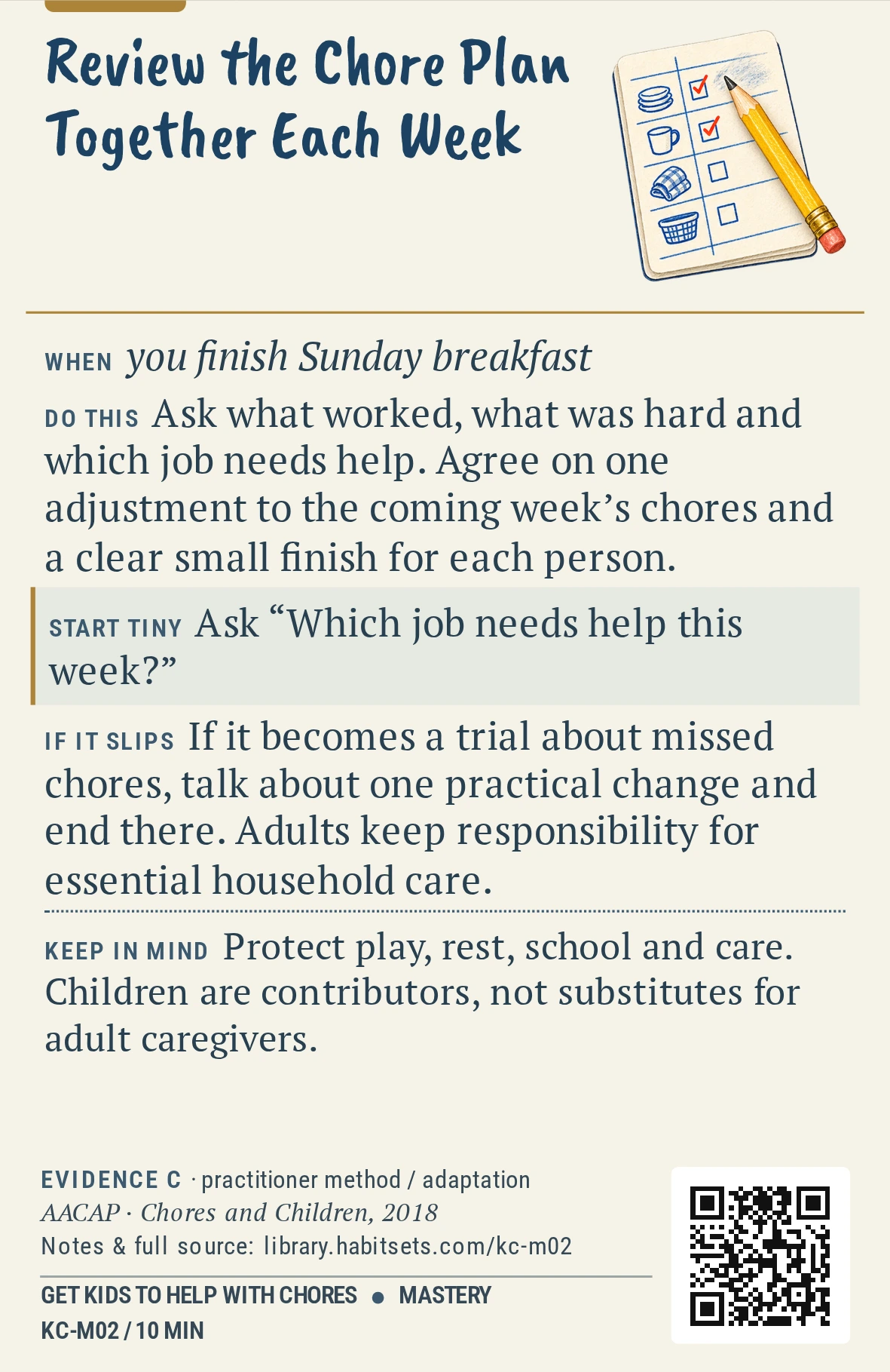 Back of card KC-M02: Review the Chore Plan Together Each Week. When: you finish Sunday breakfast Do this: Ask what worked, what was hard and which job needs help. Agree on one adjustment to the coming week’s chores and a clear small finish for each person. Start tiny: Ask “Which job needs help this week?” Keep in mind: Protect play, rest, school and care. Children are contributors, not substitutes for adult caregivers.