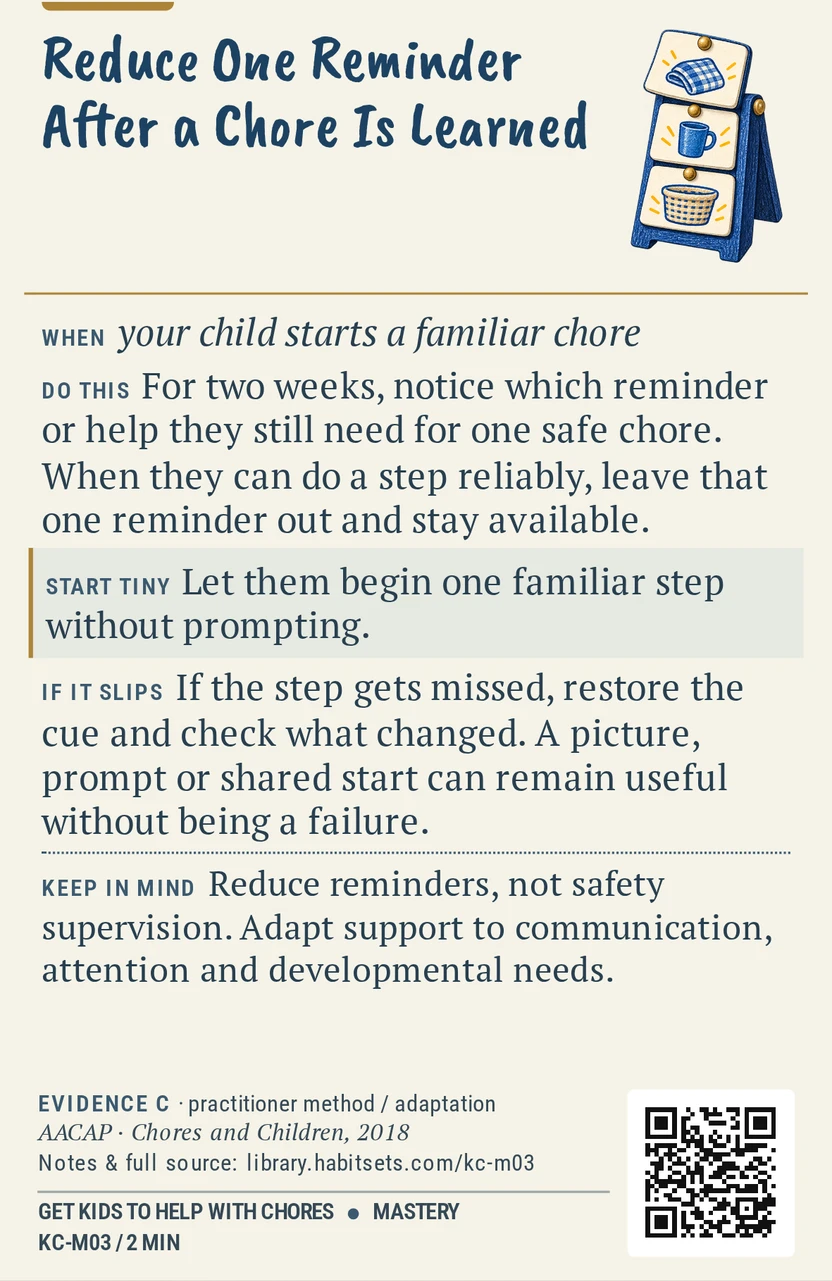 Back of card KC-M03: Reduce One Reminder After a Chore Is Learned. When: your child starts a familiar chore Do this: For two weeks, notice which reminder or help they still need for one safe chore. When they can do a step reliably, leave that one reminder out and stay available. Start tiny: Let them begin one familiar step without prompting. Keep in mind: Reduce reminders, not safety supervision. Adapt support to communication, attention and developmental needs.