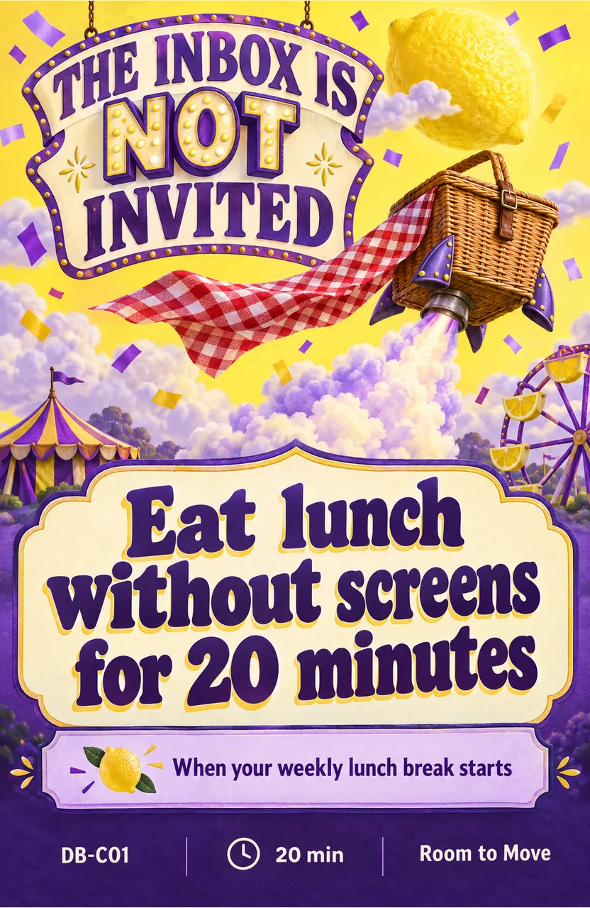Eat lunch without screens for 20 minutes When: your chosen weekly lunch break starts