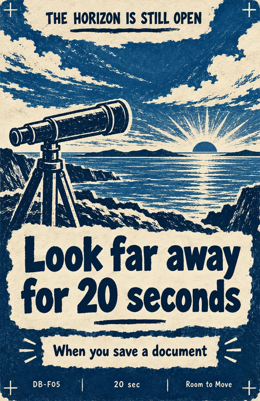 Look far away for 20 seconds When: you finish saving a document