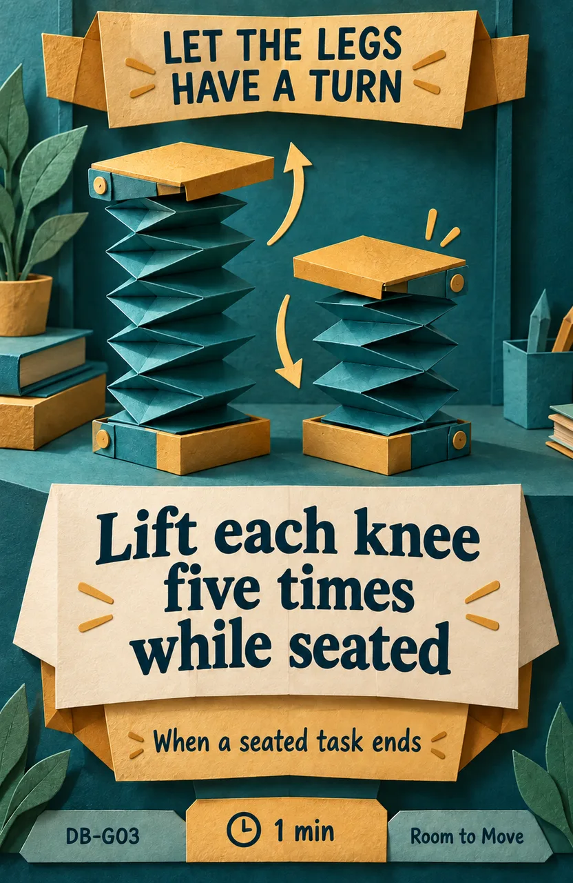 Lift each knee five times while seated When: you finish a long seated task