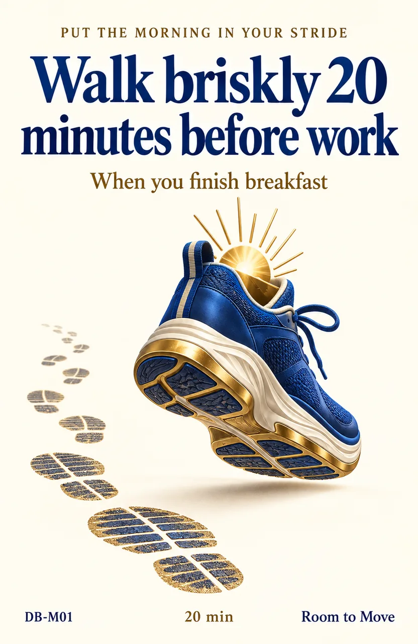 Walk briskly for 20 minutes before work When: you finish breakfast on a workday