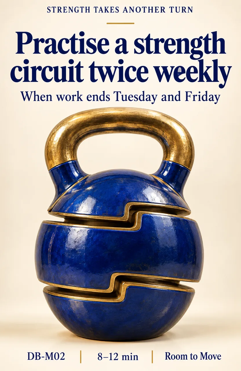 Practise a strength circuit twice weekly When: you finish work on Tuesday and Friday