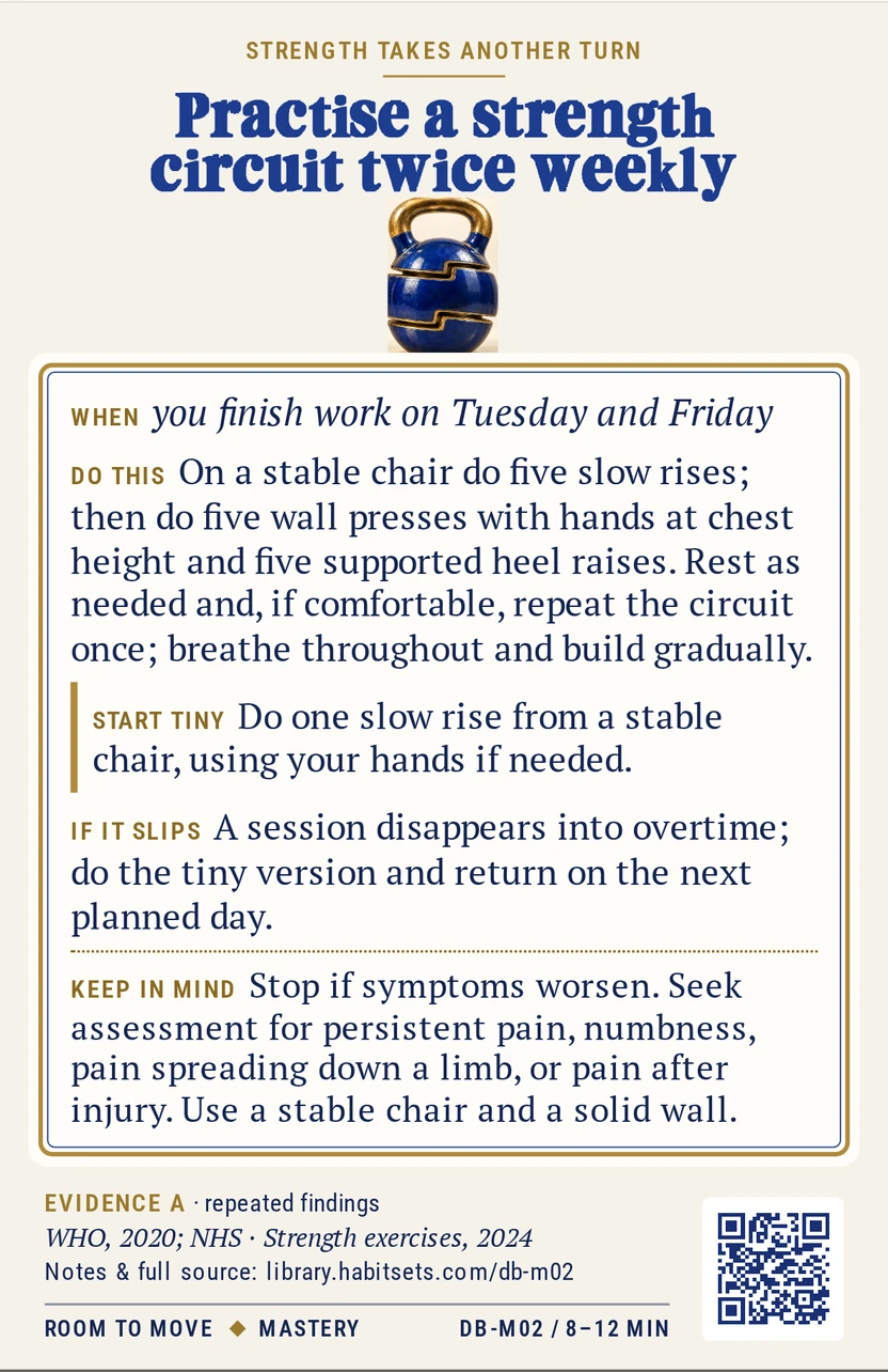 Back of card DB-M02: Practise a strength circuit twice weekly. When: you finish work on Tuesday and Friday Do this: On a stable chair do five slow rises; then do five wall presses with hands at chest height and five supported heel raises. Rest as needed and, if comfortable, repeat the circuit once; breathe throughout and build gradually. Start tiny: Do one slow rise from a stable chair, using your hands if needed. Keep in mind: Stop if symptoms worsen. Seek assessment for persistent pain, numbness, pain spreading down a limb, or pain after injury. Use a stable chair and a solid wall.